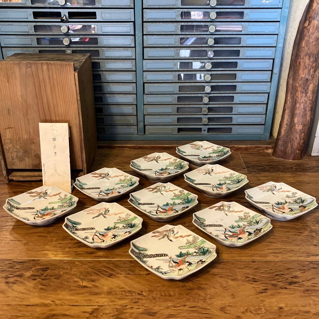 アンティーク 古伊万里 色絵鶴亀文菱形皿 文化-文政 江戸期 鑑定書付き