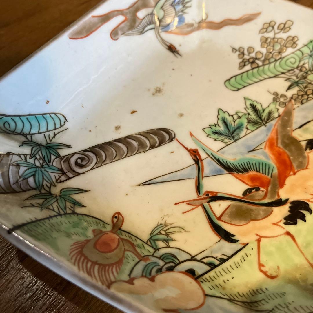 アンティーク 古伊万里 色絵鶴亀文菱形皿 文化-文政 江戸期 鑑定書付き