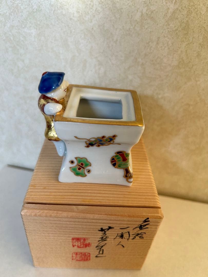 2点セット色絵一閑人共箱茶道具 色絵雪洞 蓋置 茶道具