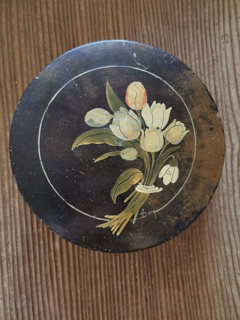 アンティークフランス 手描きチューリップの花束 蓋付きフルーツの木 飴色小物入れ