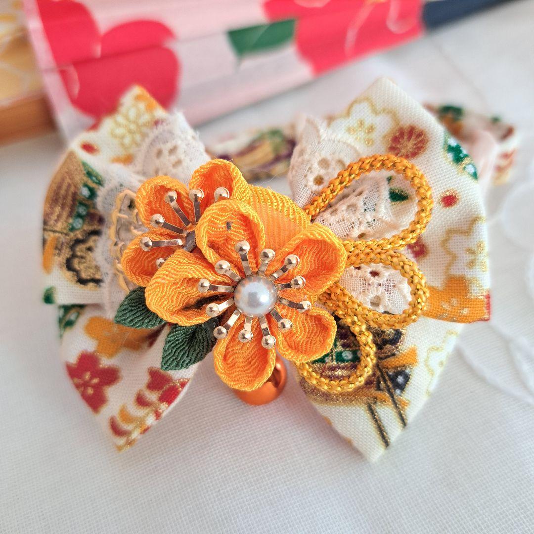 つまみ細工ダブルリボン(クリーム)わんちゃん猫ちゃん用首輪