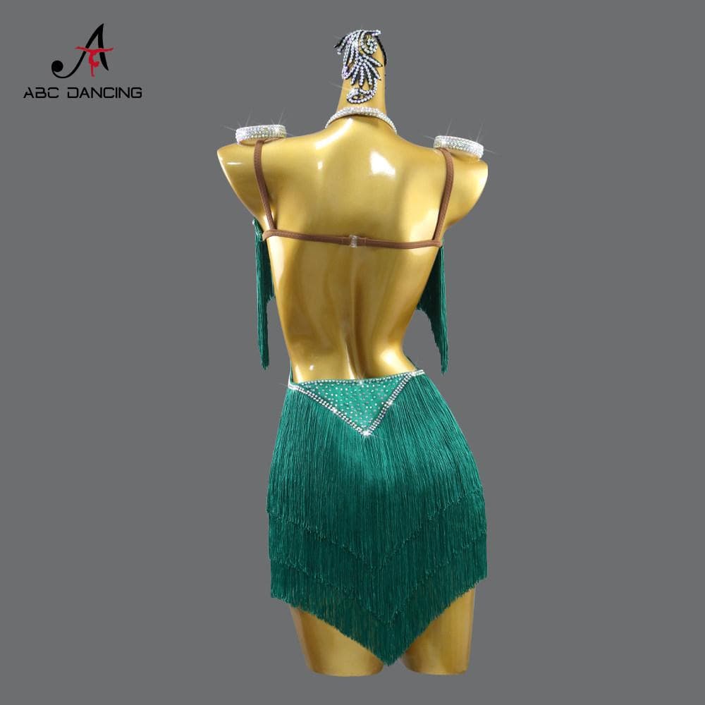 社交ダンス衣装ラテンドレスグリーンキラキラフリンジ競技会デモ