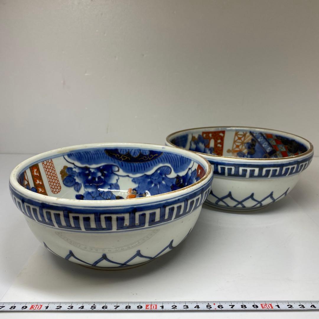 古伊万里　染錦大鉢2点　木箱付　直径約22㎝　東Y7-0404②タサチ