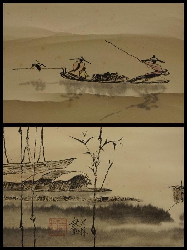 中国 掛軸 藍林書画『山水風景人物文』肉筆☆時代物☆