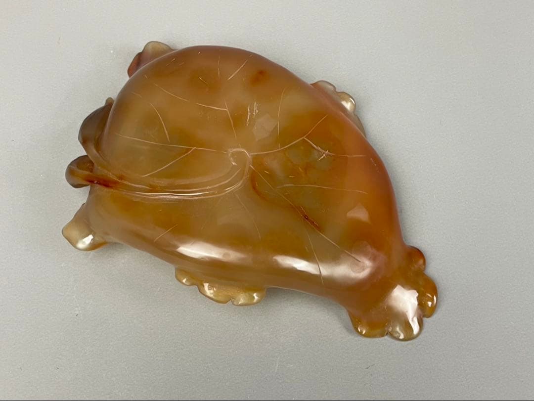極上細密細工 葉形 筆洗 瑪瑙 石製 琥珀色 書道具 水孟 清朝 天然石
