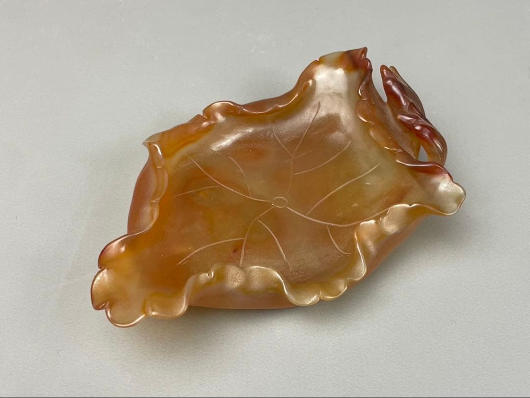 極上細密細工 葉形 筆洗 瑪瑙 石製 琥珀色 書道具 水孟 清朝 天然石