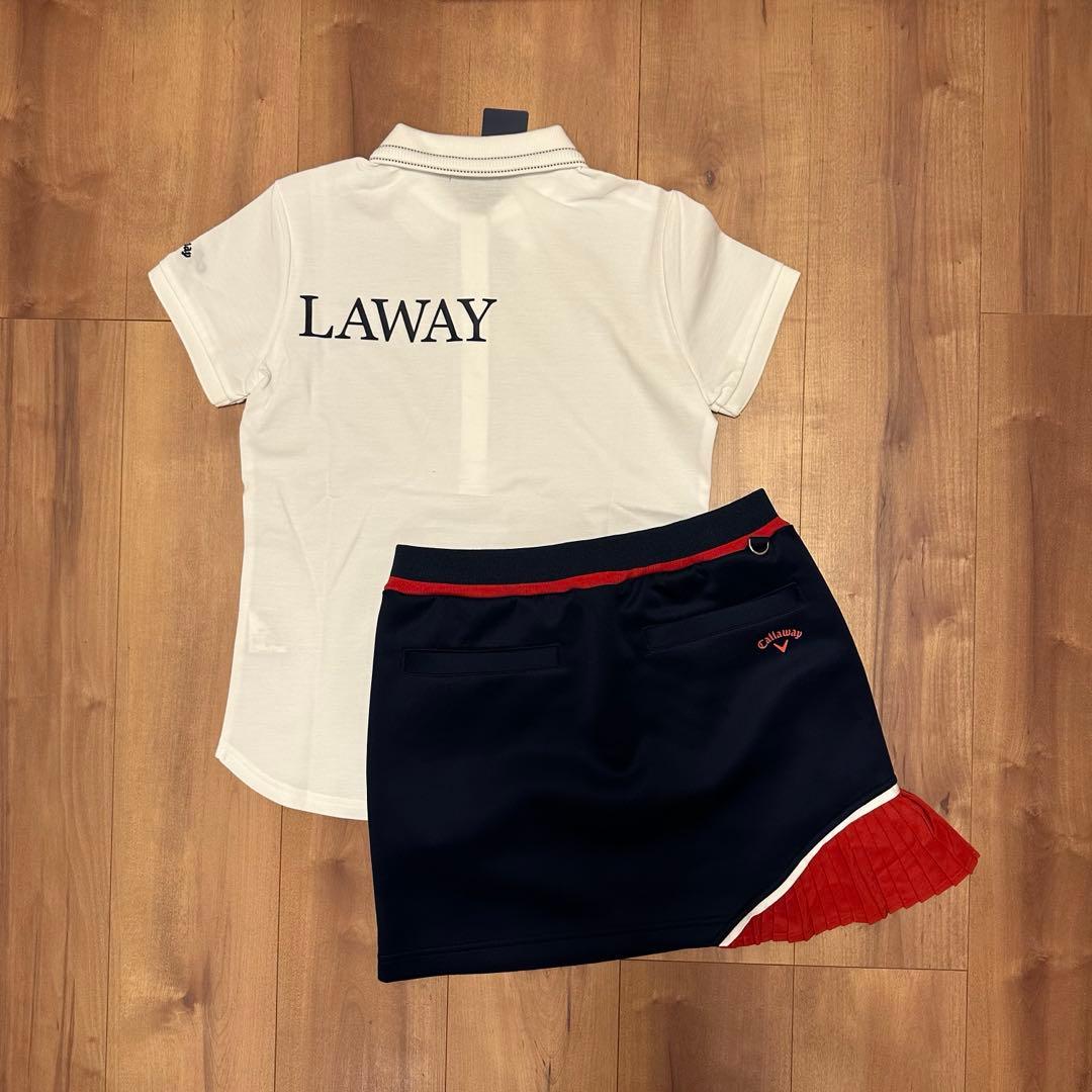 サイドプリーツスカート　半袖　ポロシャツ　春夏　ホワイト×ネイビー　セットアップ