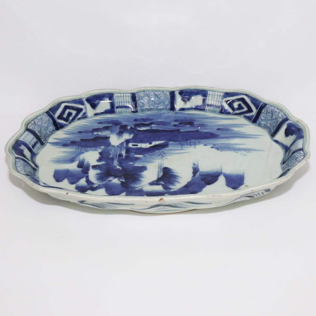 古伊万里 大皿 染付 在銘 龍 山水　幅32.5cm