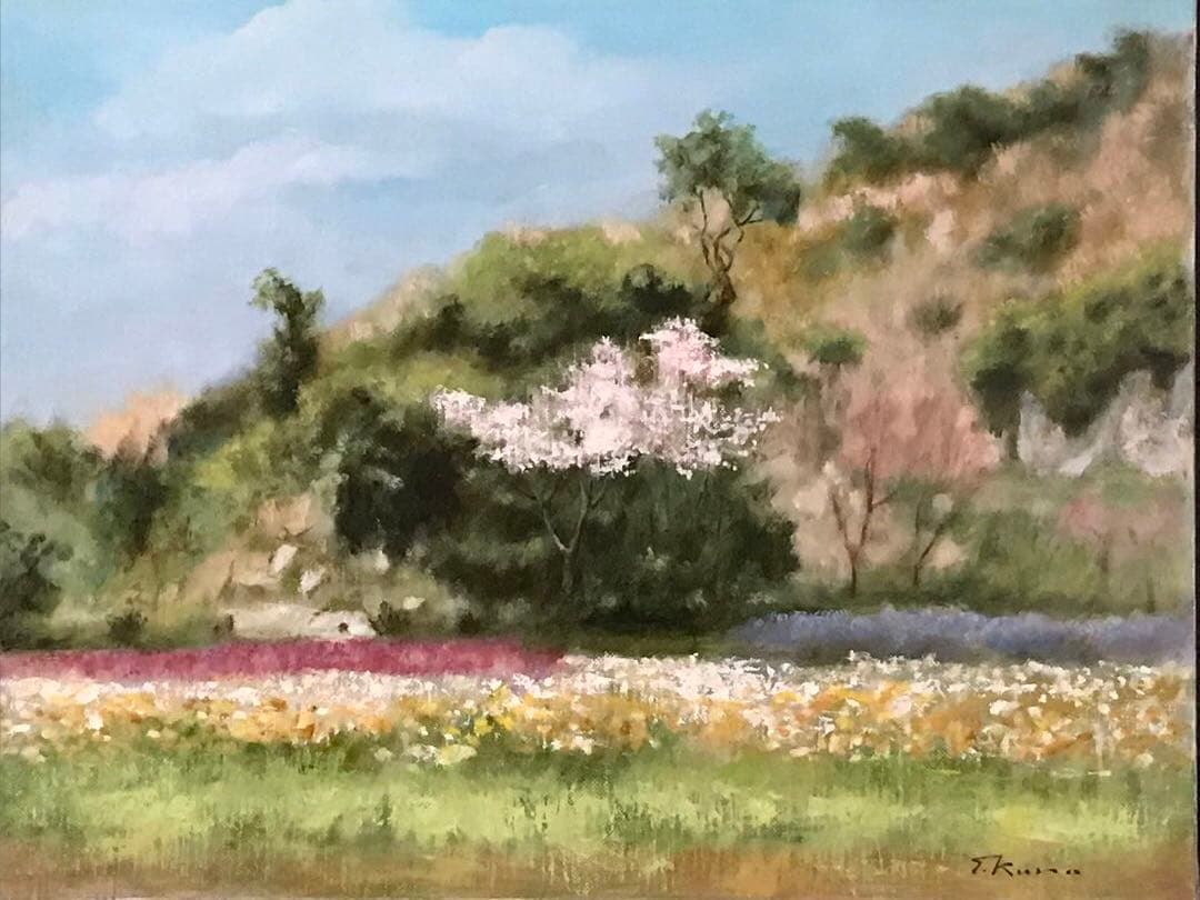 黒川達也　「花畑と桜」F8　油彩画 真作　宮永岳彦師事　額無し