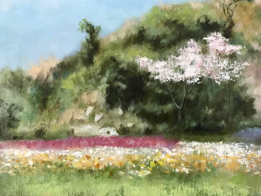 黒川達也　「花畑と桜」F8　油彩画 真作　宮永岳彦師事　額無し