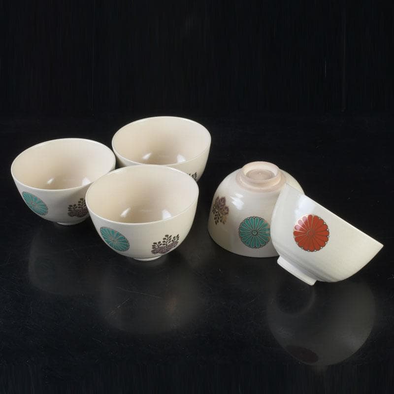 茶道具　京焼　加賀瑞山造　色絵金彩　菊桐文　数茶碗　五客　N　9809