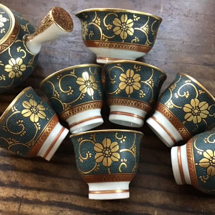 林伊平　細密青粒鉄線唐絵文煎茶器揃え　茶具　九谷焼