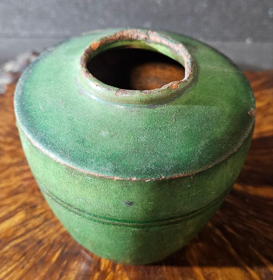 中国古美術　中国古陶磁器　古玩　遼時代　遼緑釉　緑交趾　陰刻輪線文様　小壺　罐