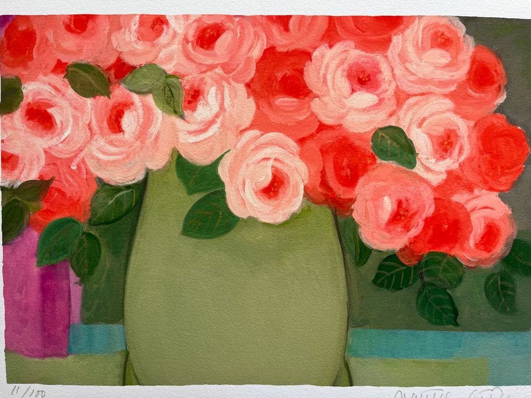 新品額入り　限定版画　ジニー・キム　直筆サイン、ED、証明書あり　薔薇　オレンジ