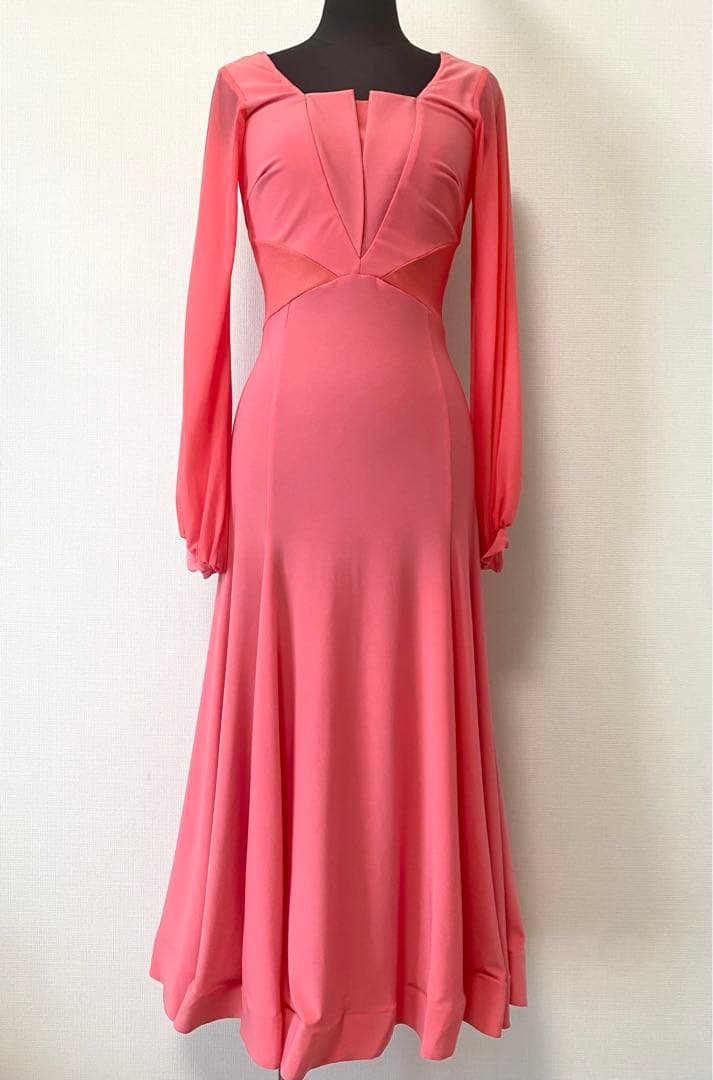 社交ダンスワンピース　パーティワンピース　ソシアルダンス　コーラル　準正装