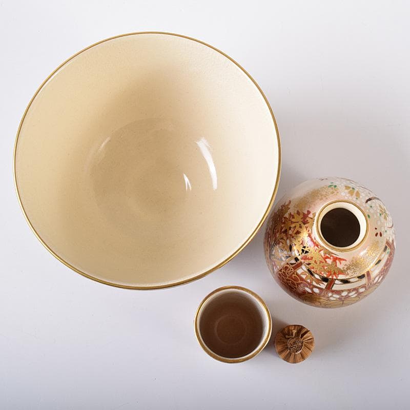 HSK KTHG九谷焼　茶碗など　八点一式　黒船裂仕覆　共箱　JR8250