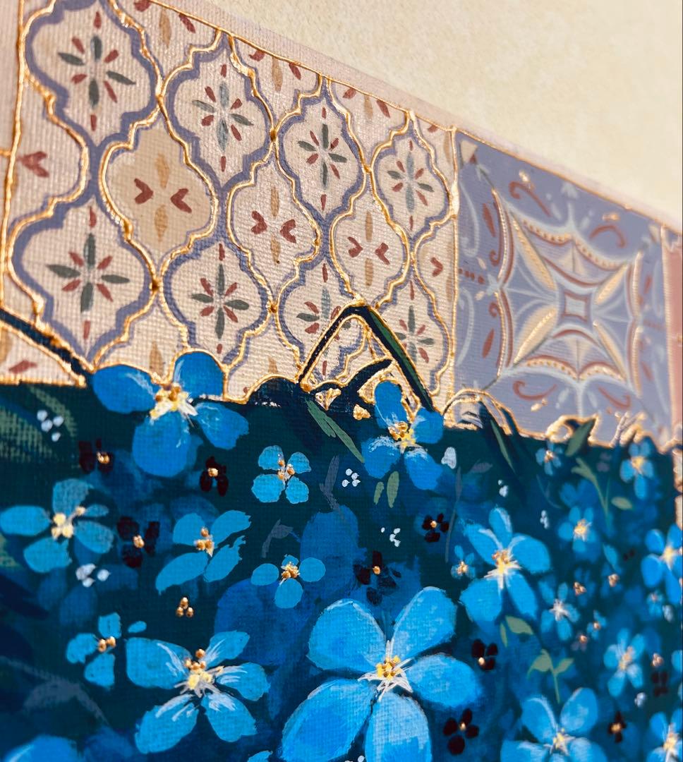 青い花のアクリル画 タイル模様 ハンドメイド