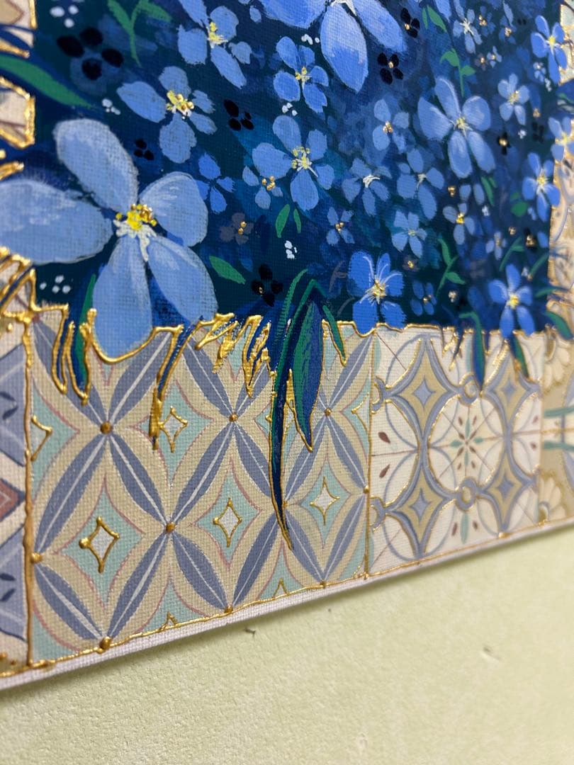 青い花のアクリル画 タイル模様 ハンドメイド