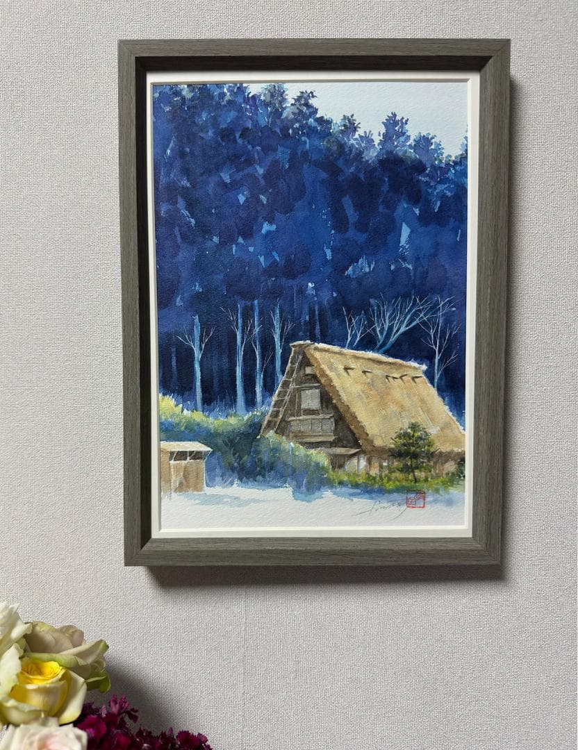 水彩アート「群青の森　Ⅲ」1点物、手描き、真筆