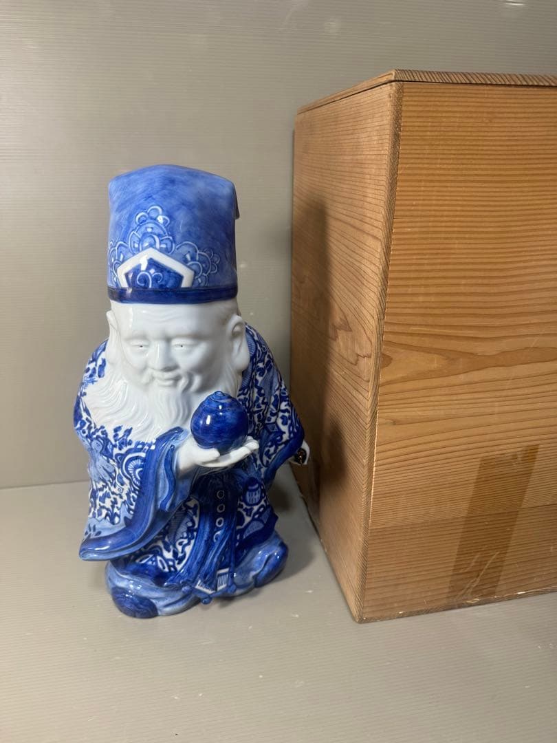 2625 九谷焼　八幡窯　菊仙　染付　寿老人　縁起物　置物　美品