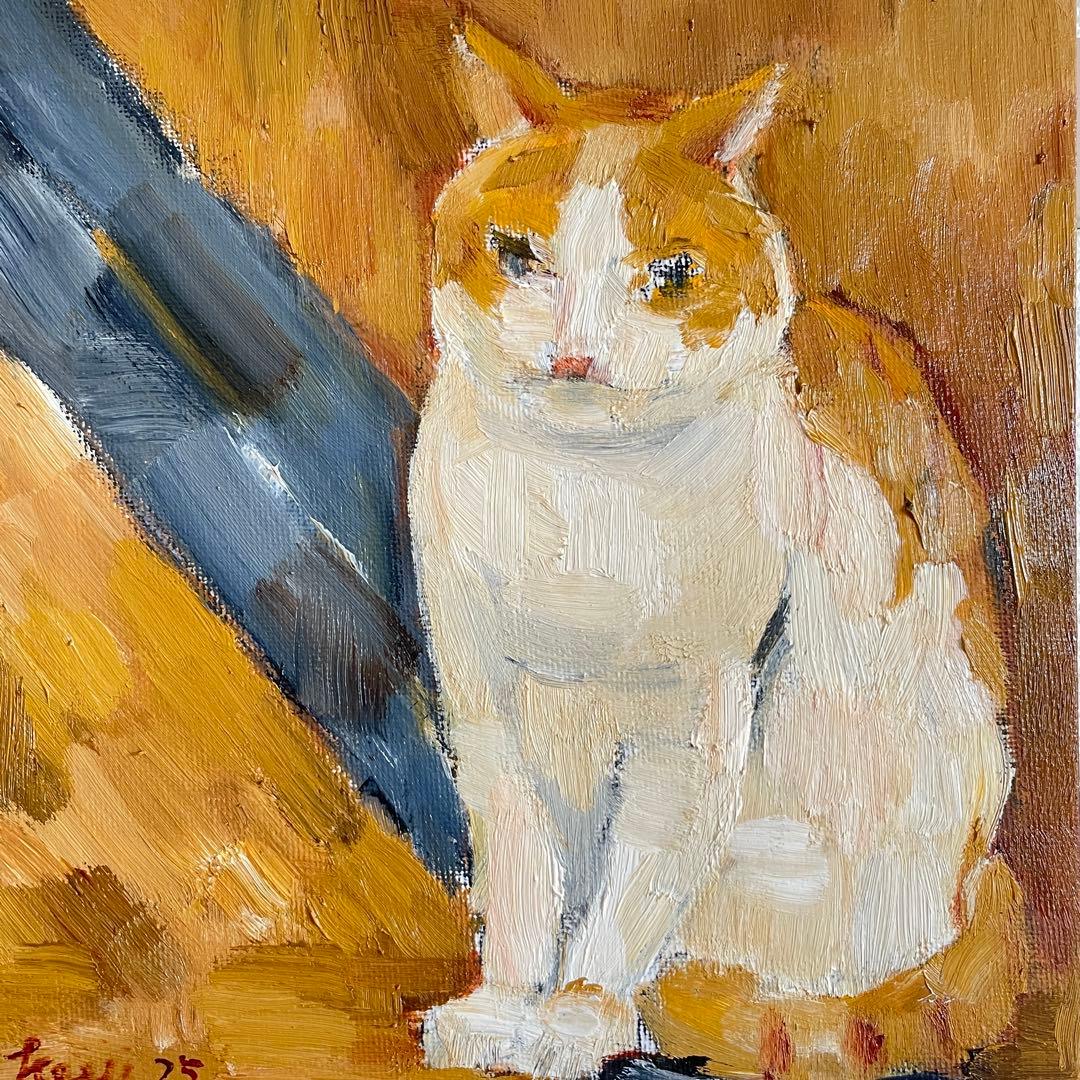 《静かに座る猫》原画｜油彩・キャンバス｜20×20cm｜2025｜一点物