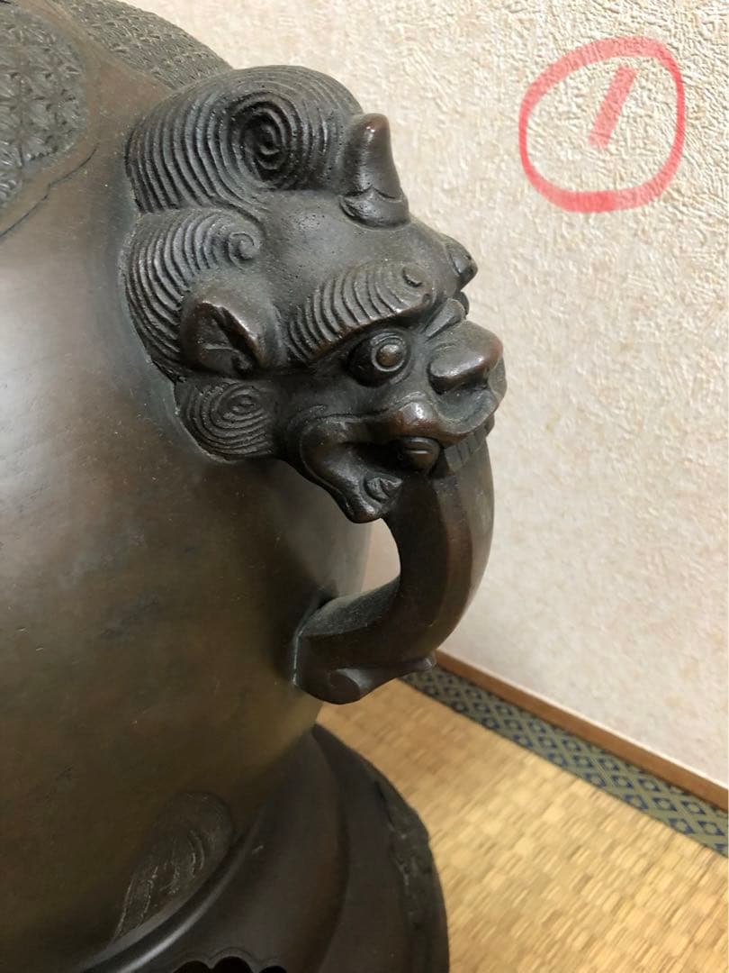 骨董　中国　明時代　古銅龍耳桃鈕壺　大型