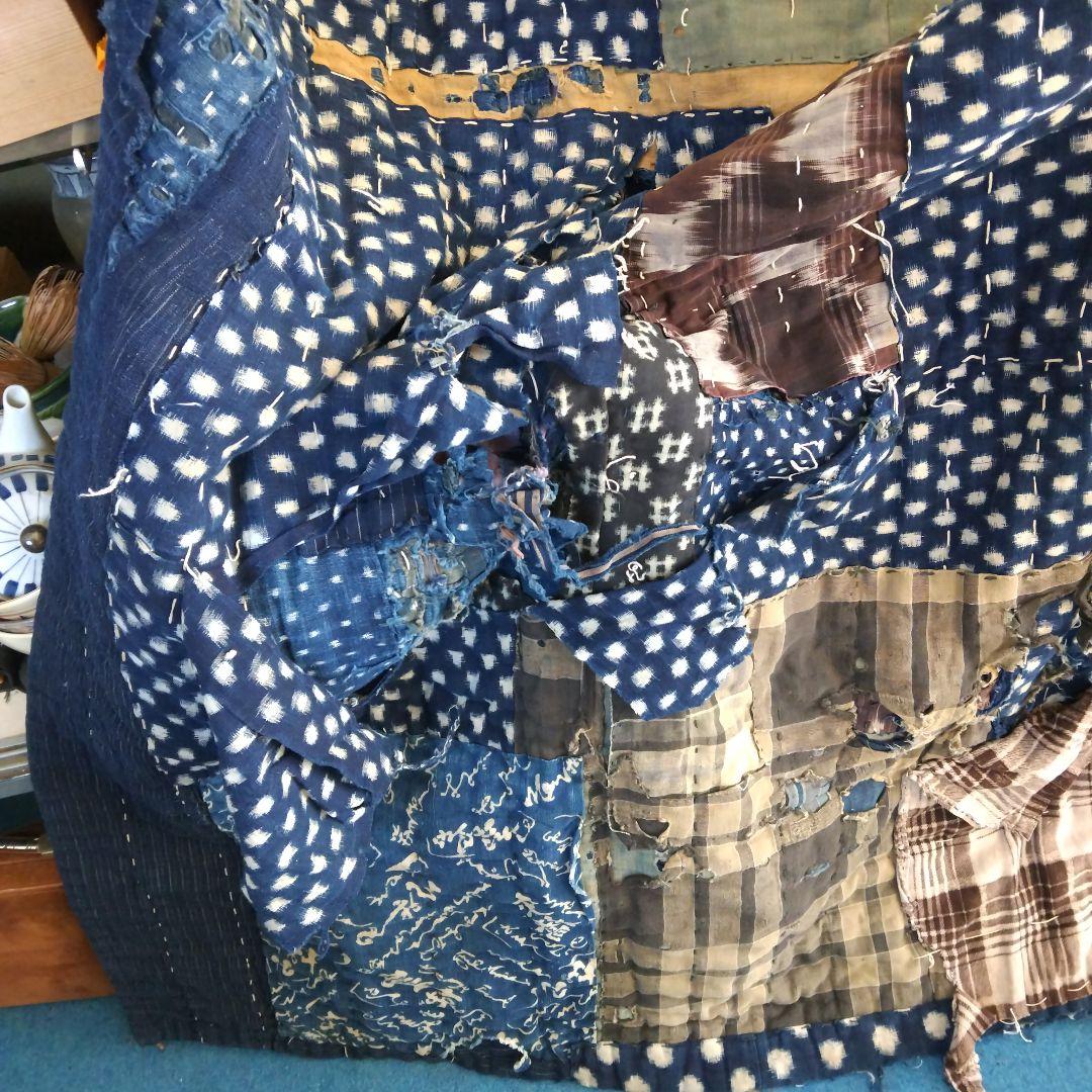 藍色 ボロ布 綿 布団 敷物 大判 骨董品 ボロ布市 明治期