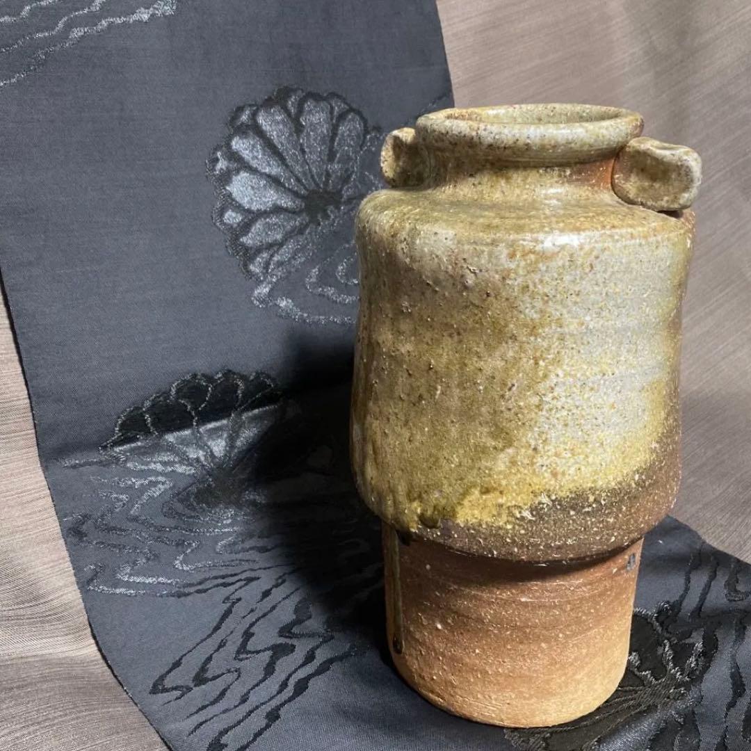 お値下げ↓古信楽 自然釉花入【茶道具】信楽焼 耳付 26㎝ 釉薬流し 花瓶 花器