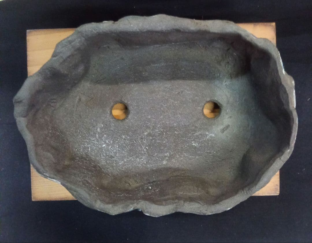 007.【浅井茶山作】岩山滝水車/変型鉢/盆栽鉢/木箱付き