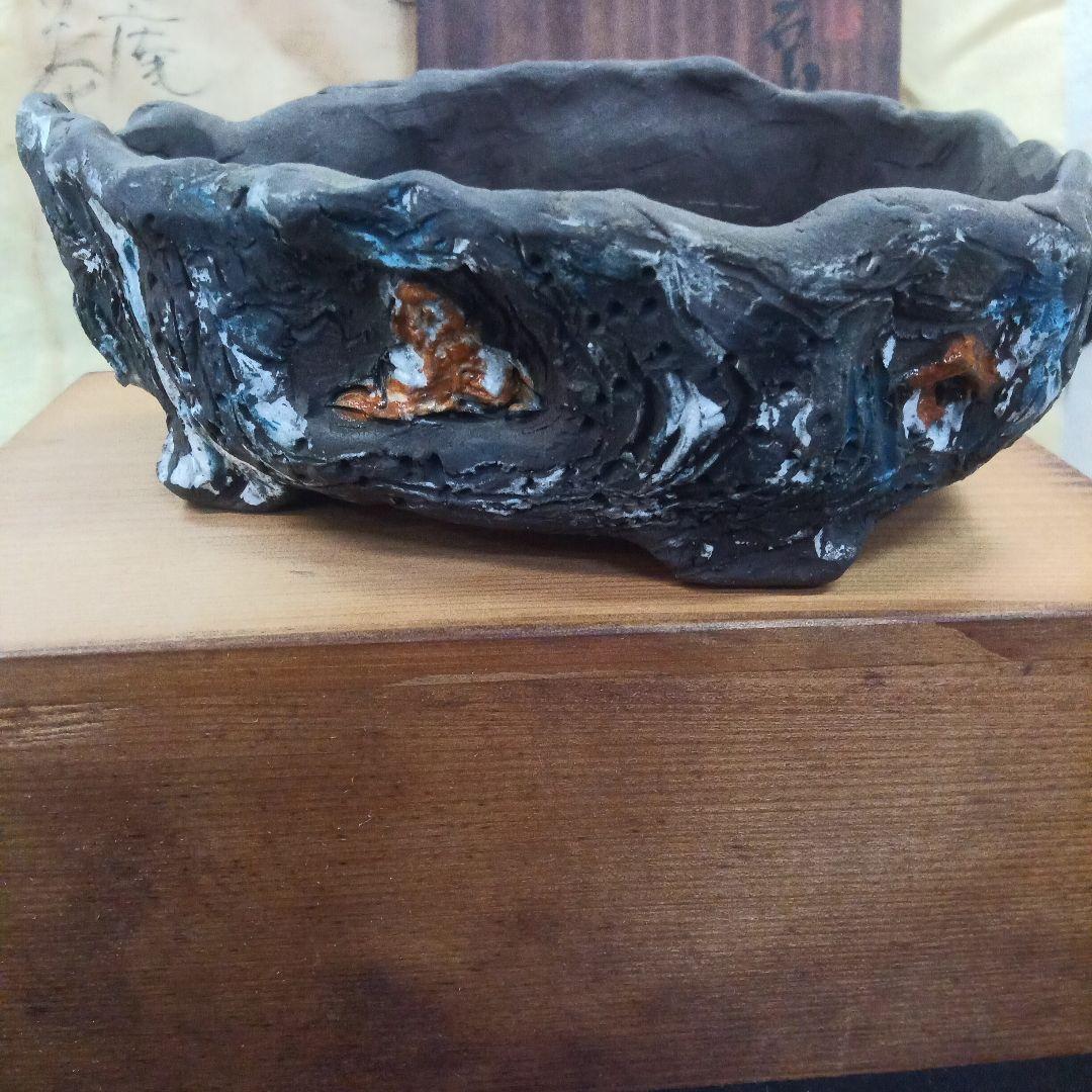 007.【浅井茶山作】岩山滝水車/変型鉢/盆栽鉢/木箱付き