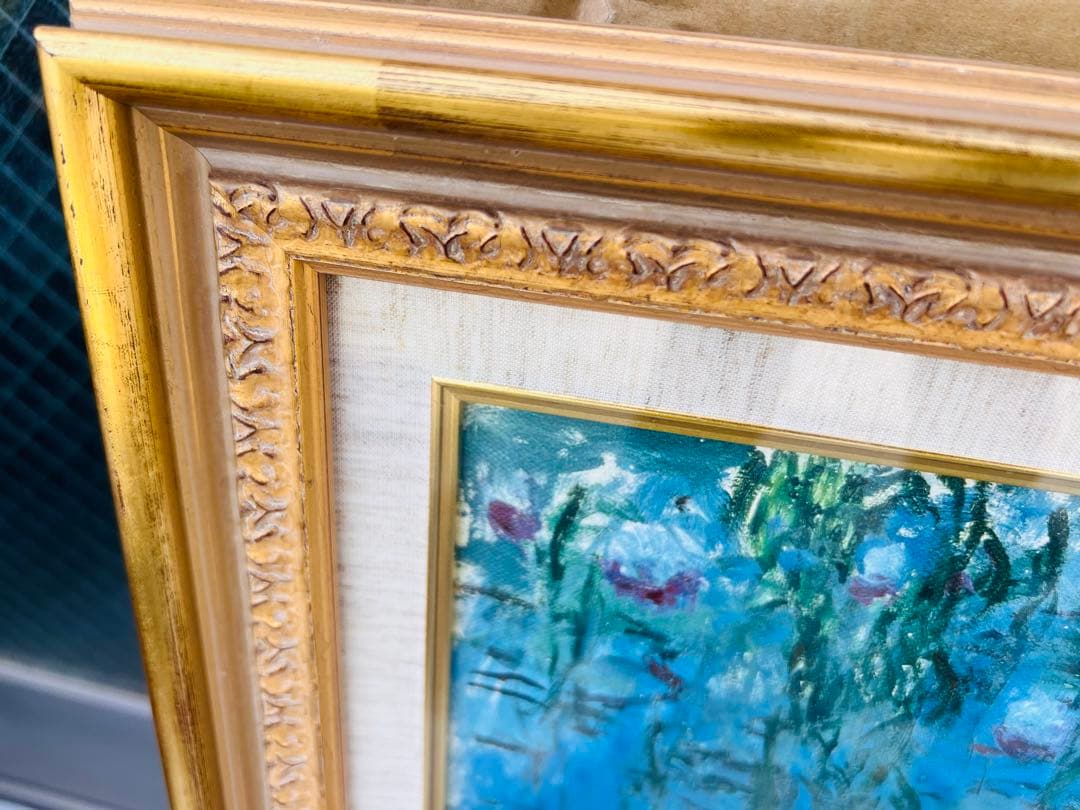 KA82☆青い睡蓮☆モネ 風景画 額縁付 説明付 箱有り 袋有り 大型 美品
