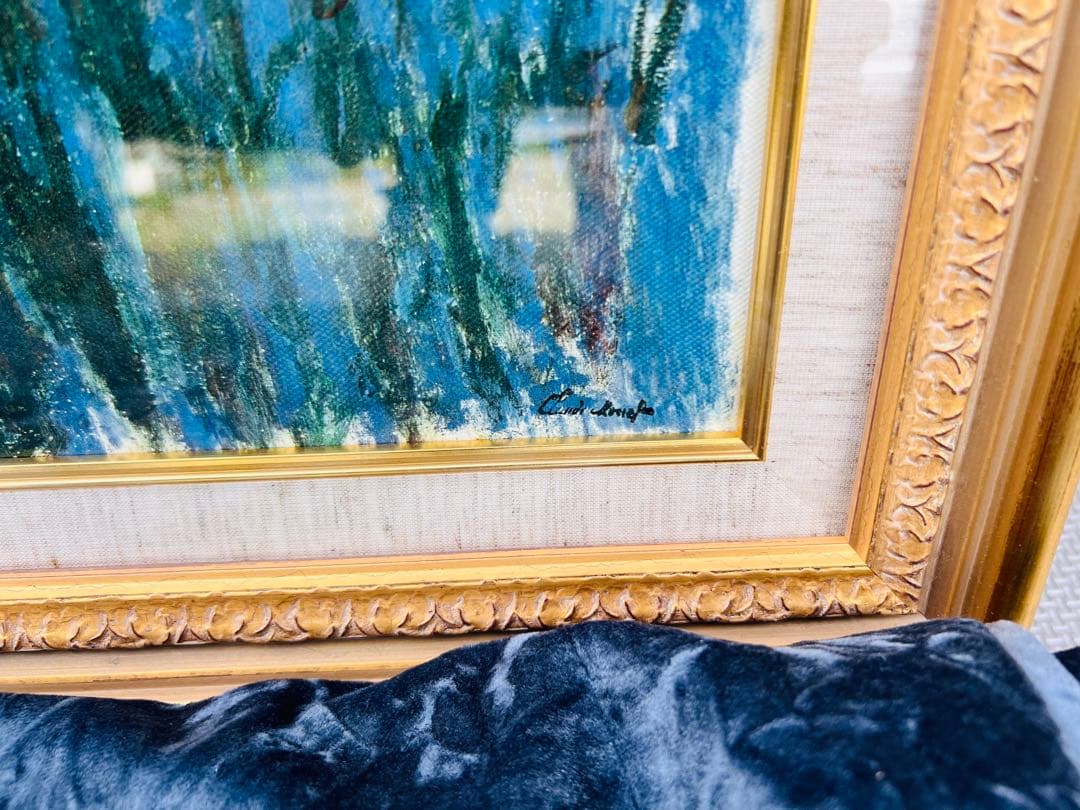 KA82☆青い睡蓮☆モネ 風景画 額縁付 説明付 箱有り 袋有り 大型 美品