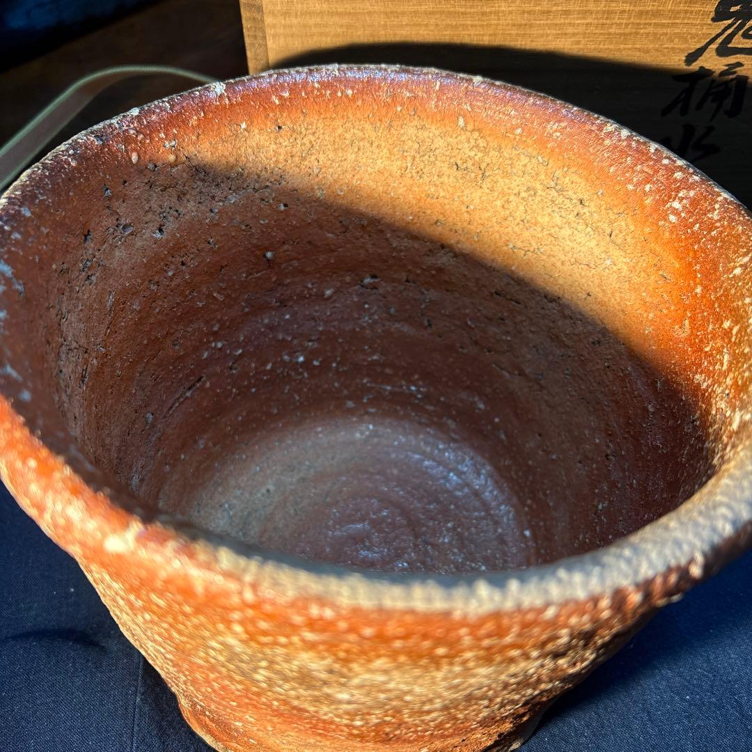 澤清嗣作　信楽焼　信楽鬼桶水指 陶器 水差し 茶色 円筒形 木箱付き