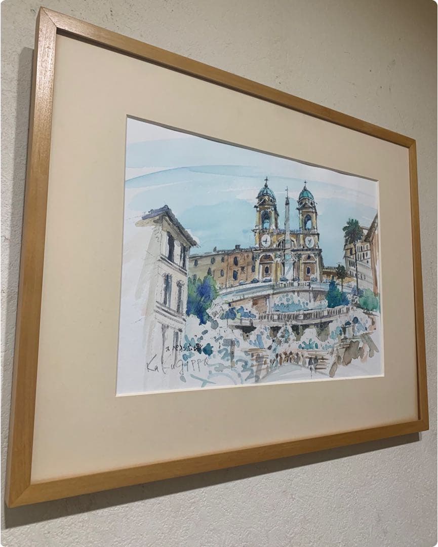 真作　絵画　水彩肉筆画　鶴十帆（カクジッポ）『スペイン広場』直サイン有り