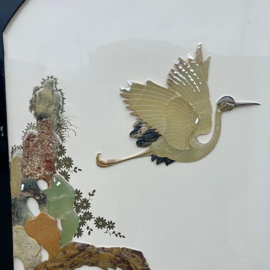 中国骨董 天然石細工 松 鶴 とんぼ 古典画装飾 木製 4連屏風 衝立 間仕切り