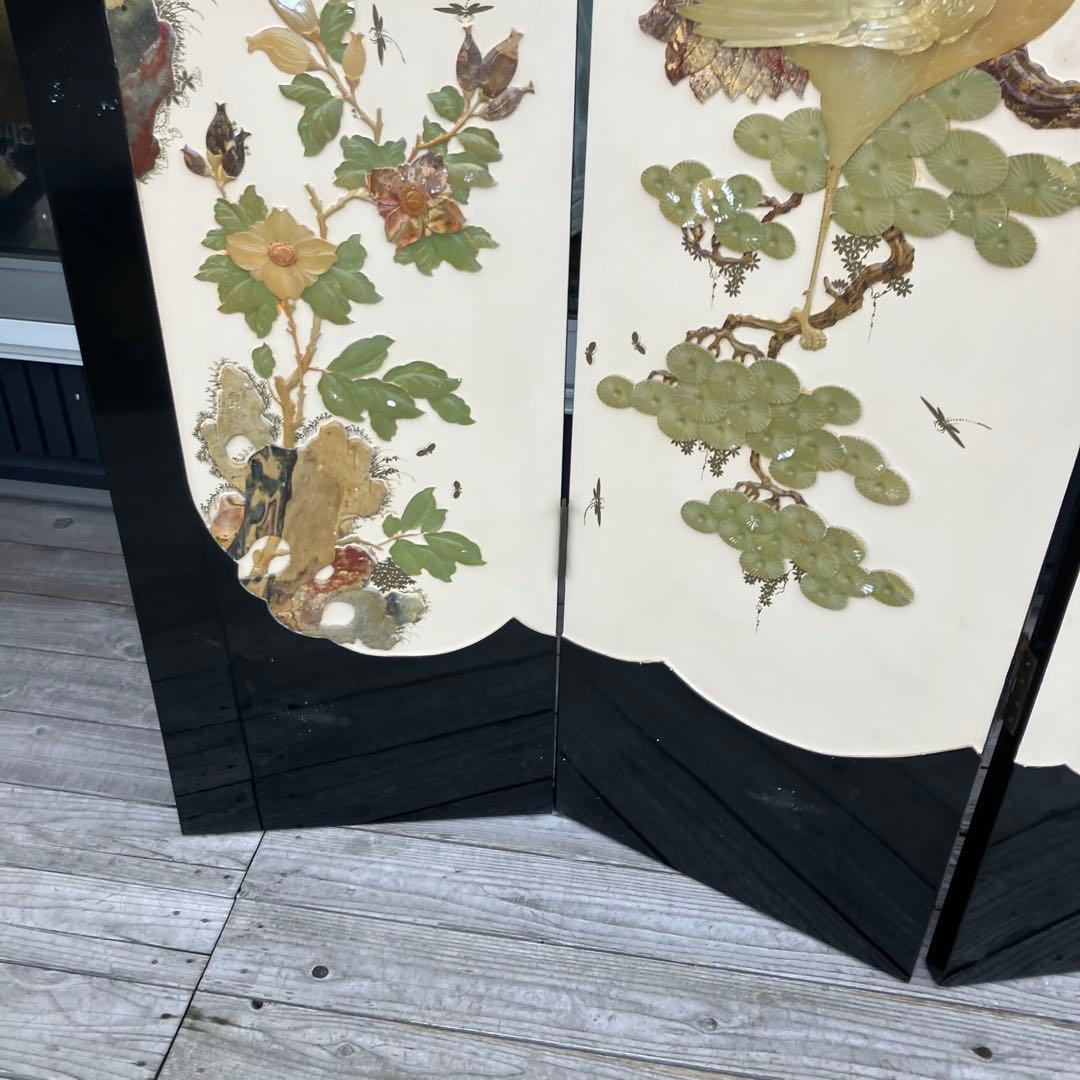 中国骨董 天然石細工 松 鶴 とんぼ 古典画装飾 木製 4連屏風 衝立 間仕切り