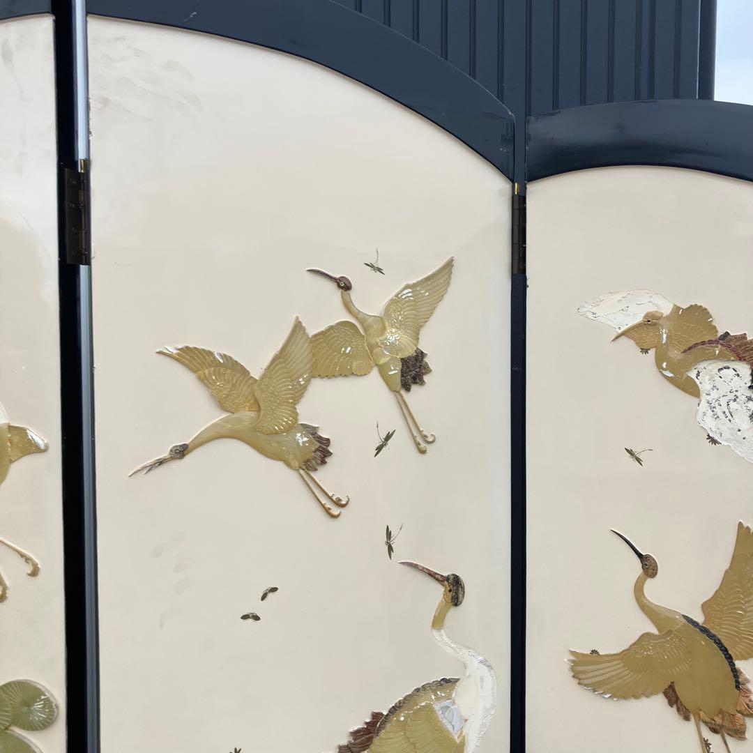 中国骨董 天然石細工 松 鶴 とんぼ 古典画装飾 木製 4連屏風 衝立 間仕切り