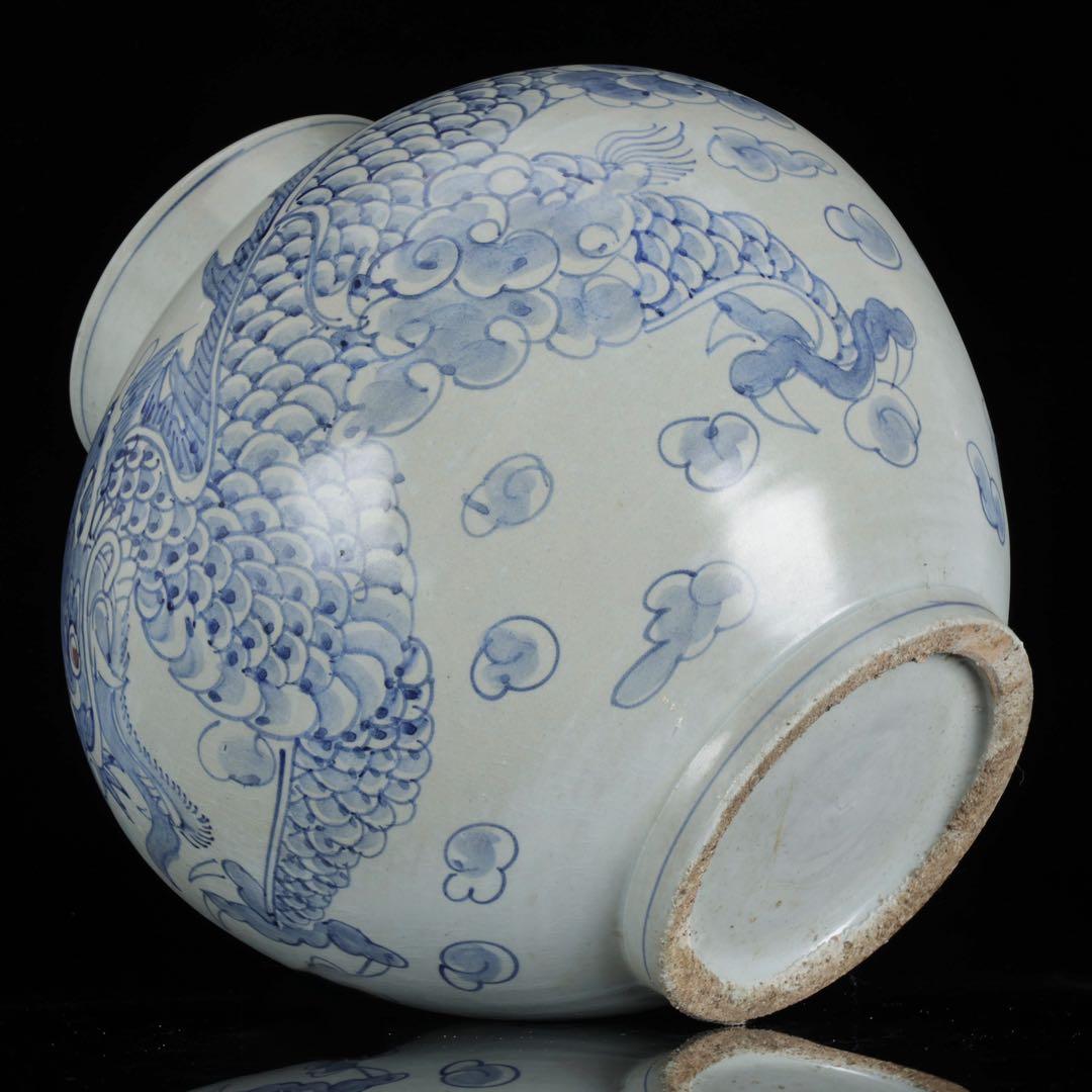 朝鮮美術 李朝 白磁 青花 染付 雲龍図 丸壺 32cm 大壺 古美術 骨董品