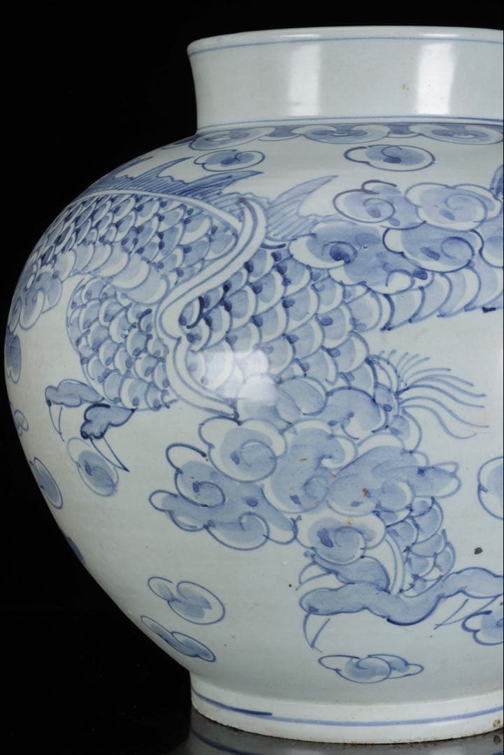 朝鮮美術 李朝 白磁 青花 染付 雲龍図 丸壺 32cm 大壺 古美術 骨董品