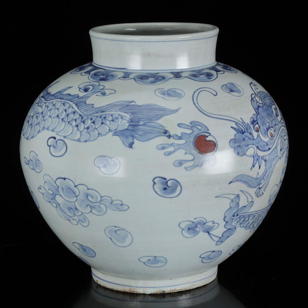 朝鮮美術 李朝 白磁 青花 染付 雲龍図 丸壺 32cm 大壺 古美術 骨董品