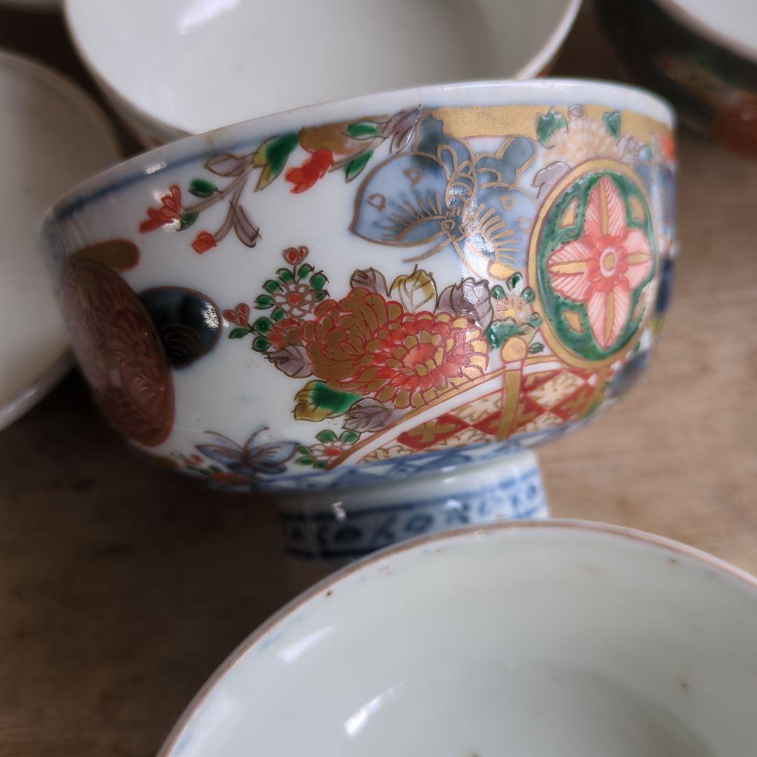 骨董 古伊万里 染錦 蓋茶碗 茶碗 煮物碗 色絵 アンティーク 5つ〜