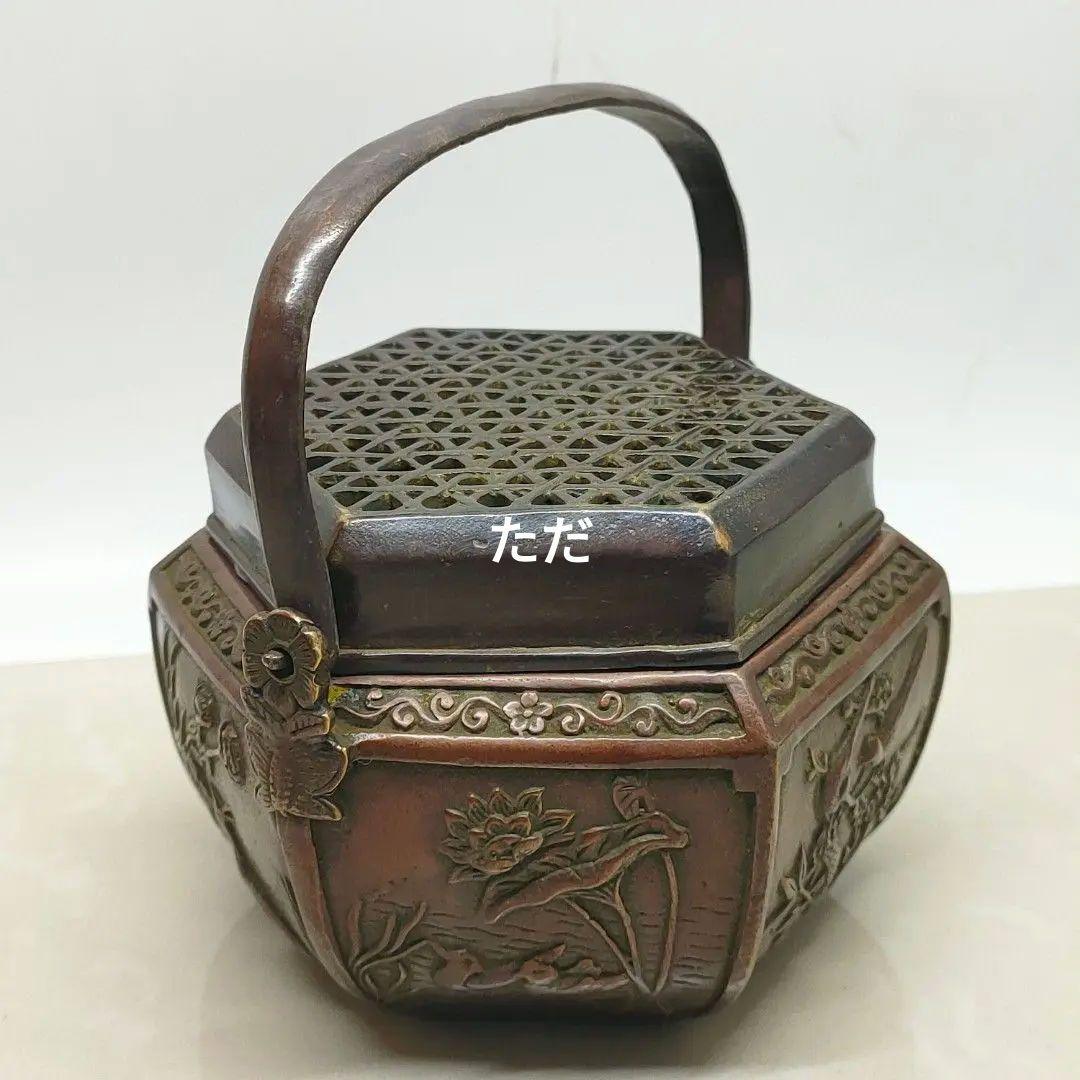 銅製 提梁暖手炉 喜上枝頭手提げ暖手炉 香炉 香道具 装飾品 工芸品 置物