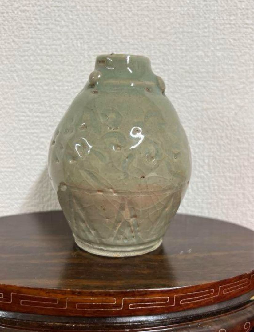 宋代古美術　時代物　龍泉窯青瓷花瓶 小缶