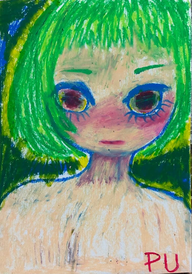 アート クレヨン画 ダーク 病みかわいい 表現 オリジナル 絵画 原画 女の子