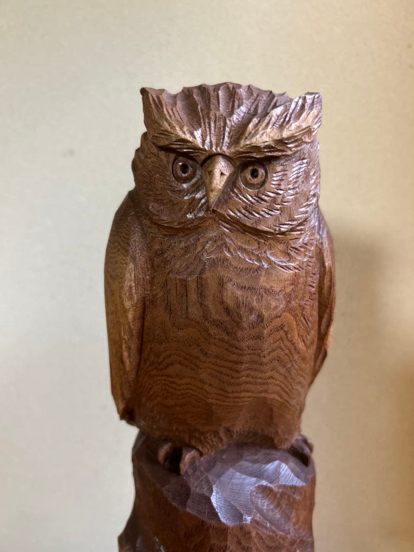 フクロウの木彫彫刻 大場貞義（貞光）作　 【縁起物 希少逸品】送料込み