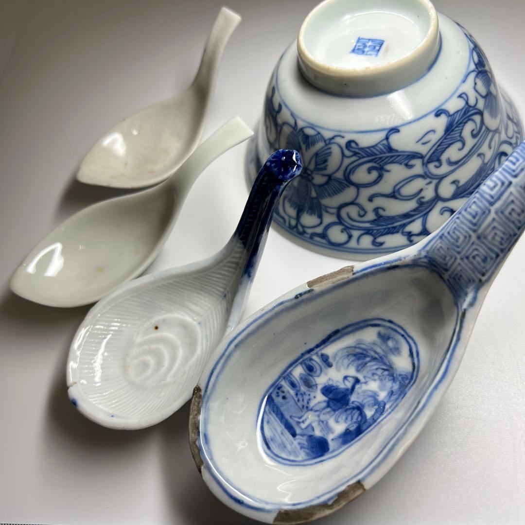 中国清朝時代　古染付レンゲ、鉢5客　東Y7-1022☆2Fタニチ