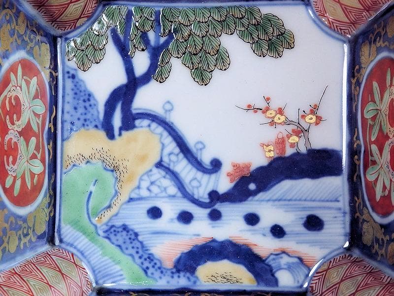 大聖寺伊万里　金襴手　桃に柘榴　大樹に欄干の図　四方角向付　E101AS-CQi