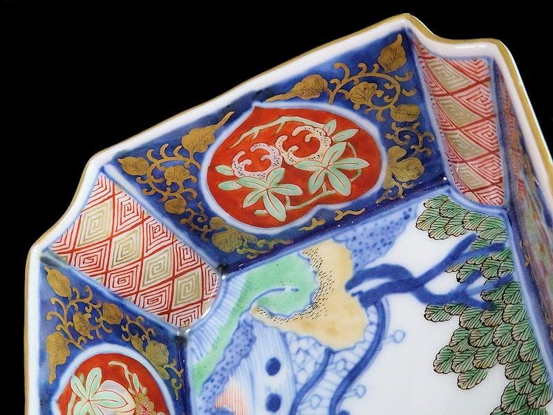 大聖寺伊万里　金襴手　桃に柘榴　大樹に欄干の図　四方角向付　E101AS-CQi