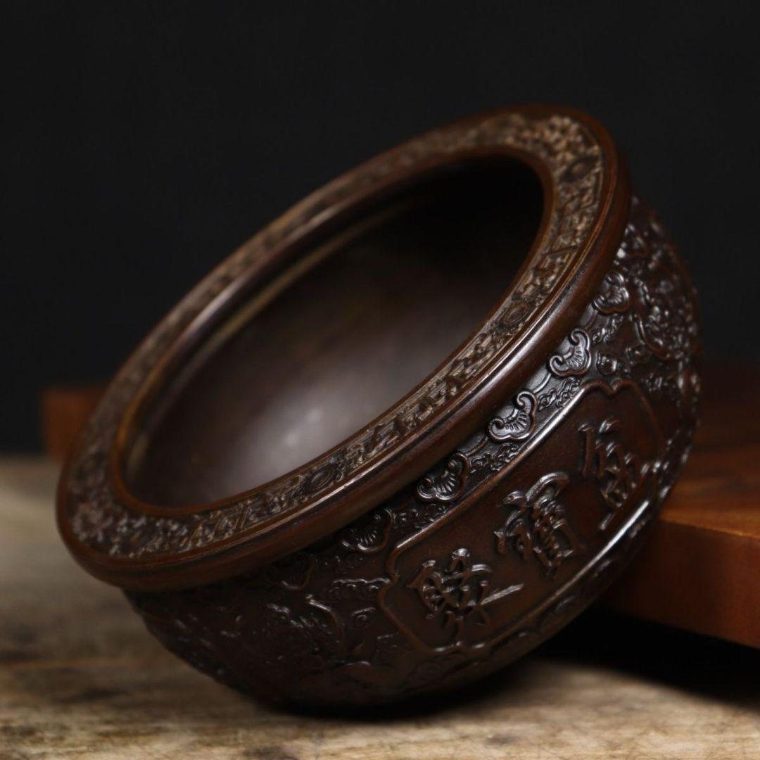 銅 細工 彫刻 乾坤聚宝盆 福禄寿喜 双魚紋飾 工芸品 美術品 置物