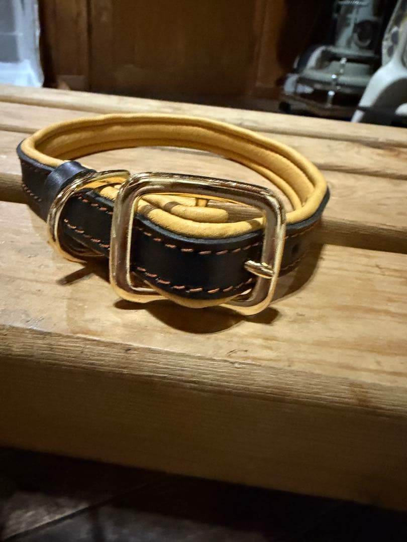 鹿革 レザーリード 黒と黄色 ゴールドバックル 約44.5㎝